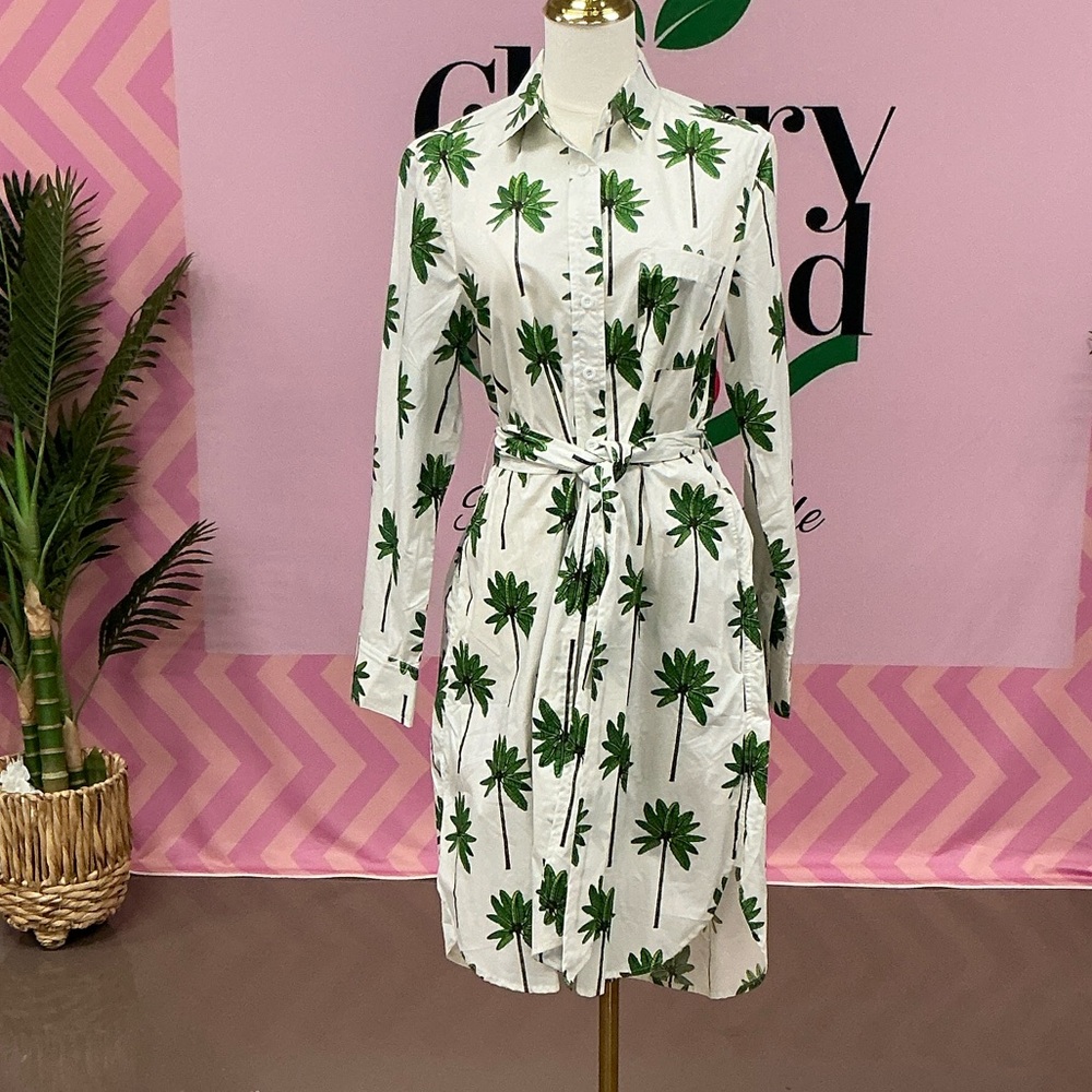 Katie Kime White Shirt Dress with Green Palm Print
